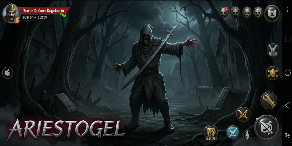 Tampilan gameplay ARIESTOGEL yang menegangkan dan mencekam.