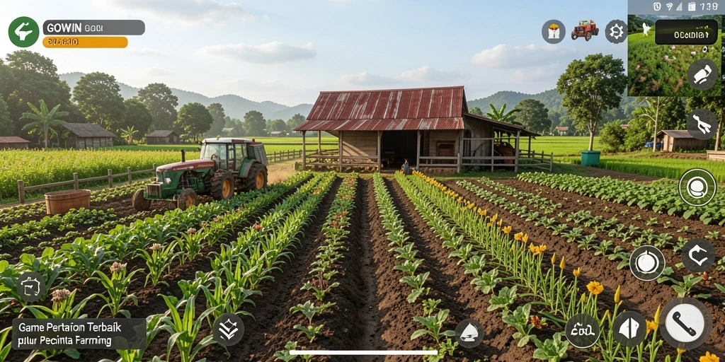 Tampilan gameplay <strong>GOWIN</strong> yang menunjukkan aktivitas bertani dan merawat tanaman.