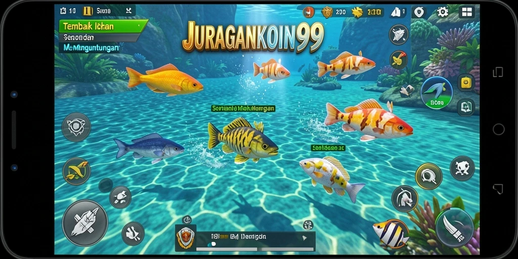 Tampilan gameplay seru dari JURAGANKOIN99 dengan aksi Tembak Ikan.