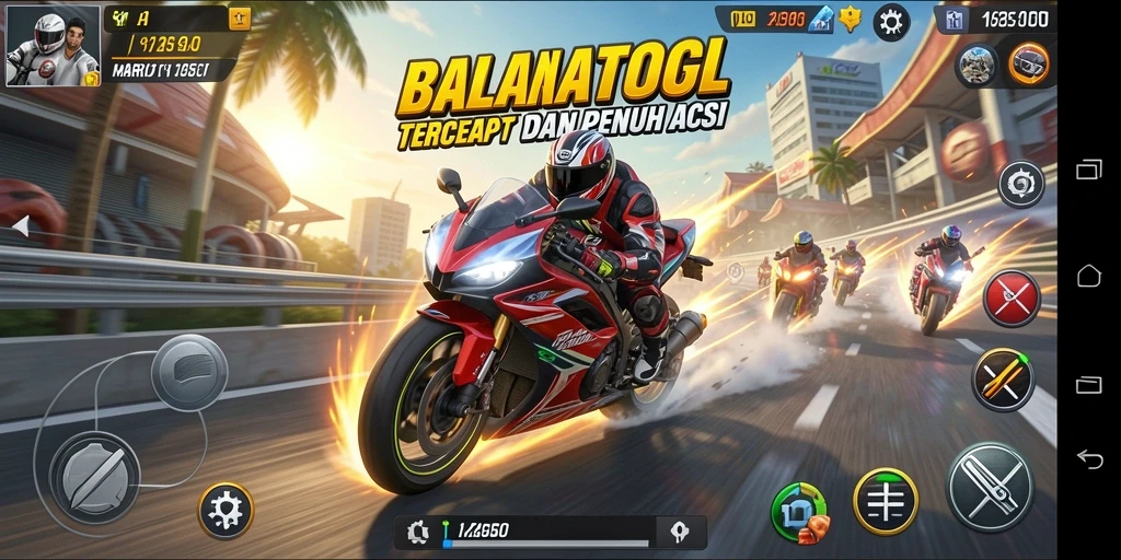 Screenshot gameplay MARIATOGL dengan balapan motor yang intens dan mendebarkan.