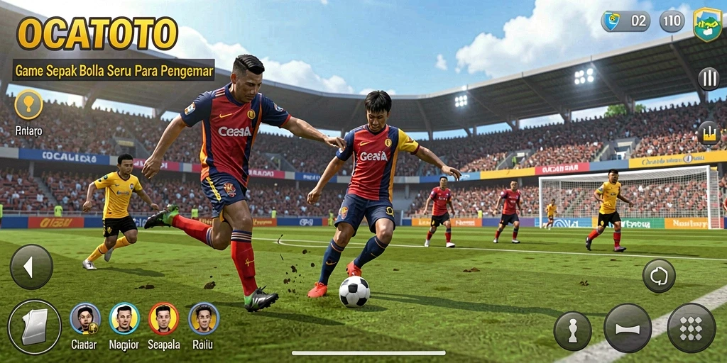 Screenshot gameplay OCATOTO yang menunjukkan aksi sepak bola yang mengesankan.
