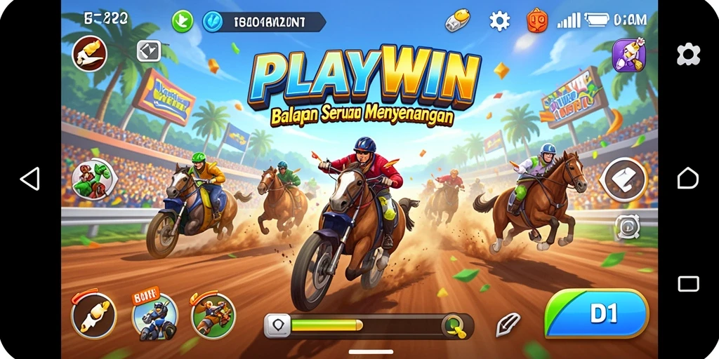 Screenshot utama PLAYWIN menampilkan balapan seru dengan mobil cepat di lintasan menarik.
