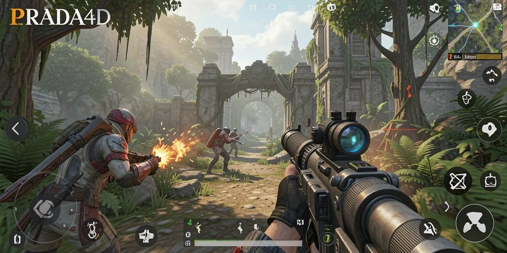 Screenshot utama dari gameplay PRADA4D yang menampilkan pertempuran seru.