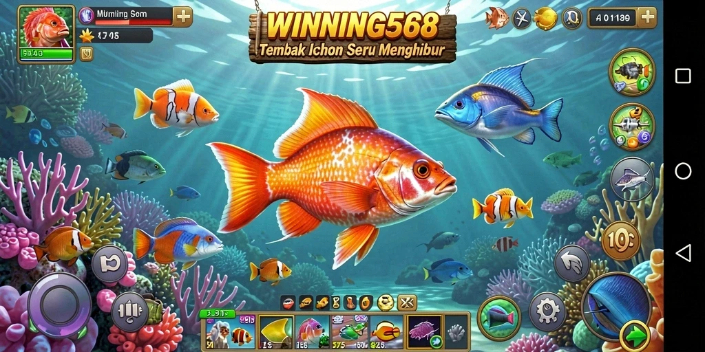 Tangkapan layar permainan <strong>WINNING568</strong> menunjukkan aksi seru menembak ikan di bawah laut.